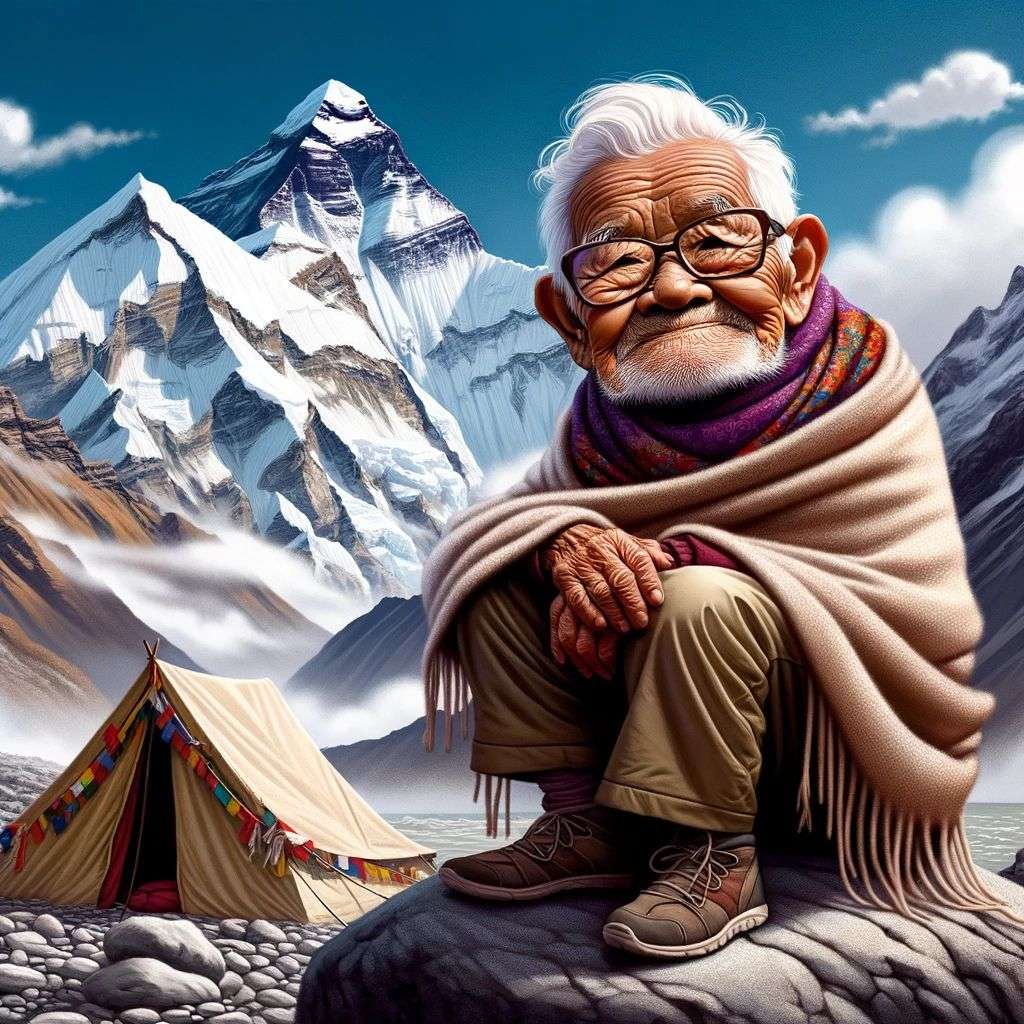 someone gazing at Mount Everest, digital art, caricature
